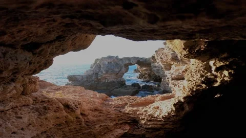 Cliff stone rock arc above the Black Sea Stock Footage 148514307