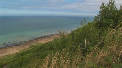 Cliff Top Side View of Omaha Beach Colleville sur Mer Normandy, France Stock Footage 103226429