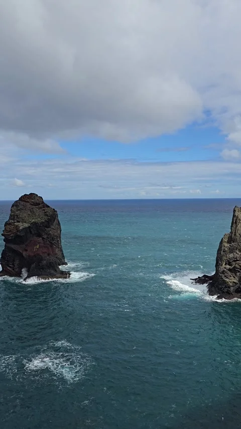 Cliffs and sea stack near Ponto de Vista, São Lourenço, Madeira Island.  Stock Footage 310025380