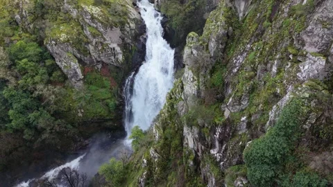 Cliffs And Toxa Waterfall In Quintás, Silleda, Spain - Drone Shot Stock-Footage 335002163