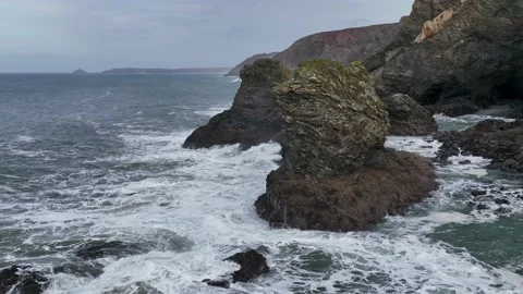 Cliffs and Waves in Slow Motion, St. Agnes Heritage Coast, Saint Agnes, Cornwall Stock Footage 228379832