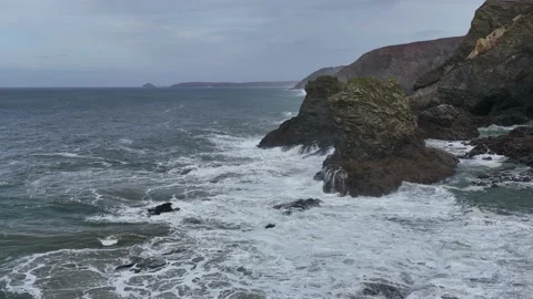 Cliffs and Waves in Slow Motion, St. Agnes Heritage Coast, Saint Agnes, Cornwall Stock Footage 228379841