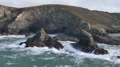 Cliffs and Waves in Slow Motion, St. Agnes Heritage Coast, Saint Agnes, Cornwall Stock Footage 228471414