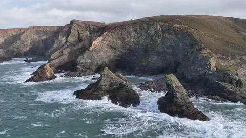 Cliffs and Waves in Slow Motion, St. Agnes Heritage Coast, Saint Agnes, Cornwall Stock Footage 228471740