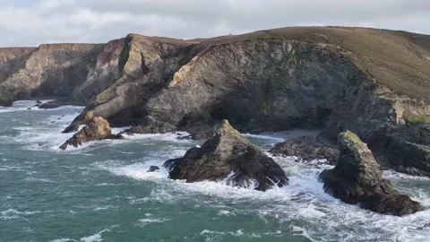 Cliffs and Waves in Slow Motion, St. Agnes Heritage Coast, Saint Agnes, Cornwall Stock Footage 228472051