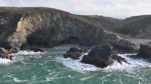 Cliffs and Waves in Slow Motion, St. Agnes Heritage Coast, Saint Agnes, Cornwall Stock Footage 228472565