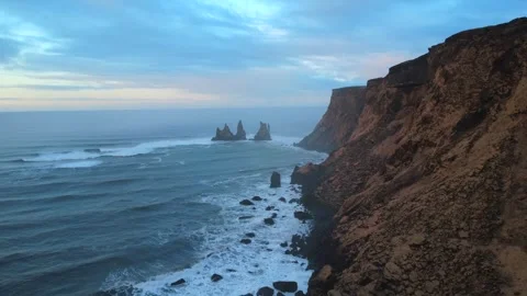 Cliffs and Waves at Víkurfjara Black Sand Beach Iceland 4K 스톡 동영상 331475055