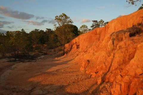 Cliffs during late afternoon, with pine trees, forest and sky Foto stock