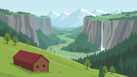 Cliffs Embracing Hidden Valley Flat Design Illustration Stock Illustration