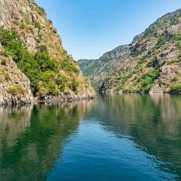 Cliffs formed by the Sil River between the provinces of Lugo and Orense, Ri.. Stock Photos