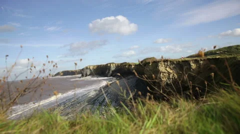 Cliffs with grass, beach, sea and elderly walker in distance Vidéo 44839699