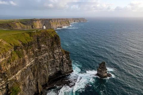 Cliffs of Moher at Sunset with Sea Stack and O'Brien's Tower Stock Photos