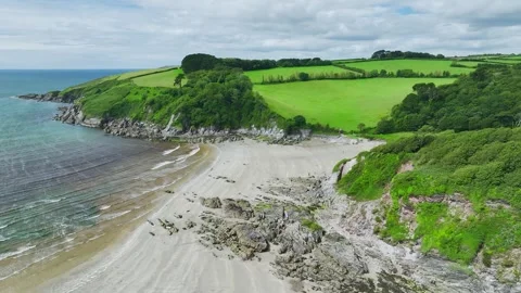 Cliffs over Mothecombe Beach and Red Cove, River Emme, Mothecombe, Devon, UK Stock-Footage 280014597