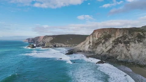 Cliffs over St Agnes from a drone, Cornwall, England, Europe Stock Footage 248261088