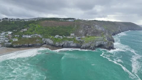 Cliffs over St Agnes from a drone, Cornwall, England, Europe Stockbeeldmateriaal 248261138