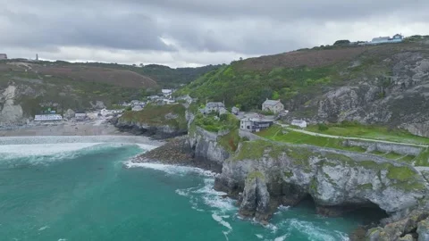 Cliffs over St Agnes from a drone, Cornwall, England, Europe Video stock 248262515