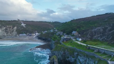 Cliffs over St Agnes from a drone, Cornwall, England, Europe Видео 248262551