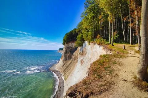 Cliffs by the sea with green trees and blue sky on a sunny day Stock Photos