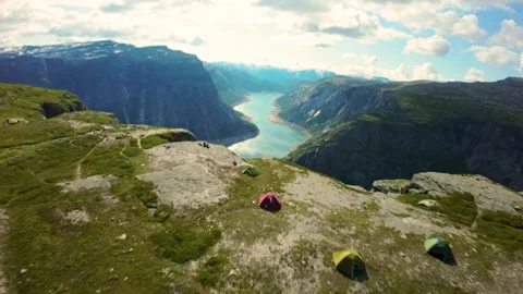 Cliffside Campsite: Tents Overlooking Ringdalsvatnet Stock Footage 282397560