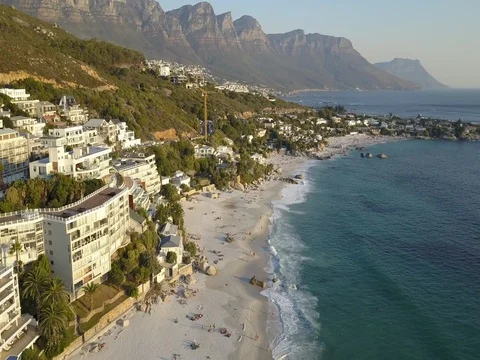 Clifton Beach with Table Mountain at Sunset Aerial Shot in Cape Town Stock Footage 79093721