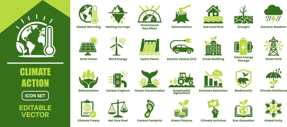 Climate action and sustainability solid icon set. Featuring Global Warming,.. Stock Illustration