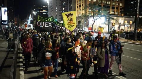Climate activists stage protest in So Paulo City Stock Photos