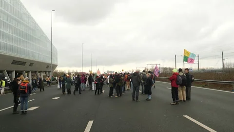 Climate activists standing on  highway during road block protest. Amsterdam.l Stock Footage 266585879