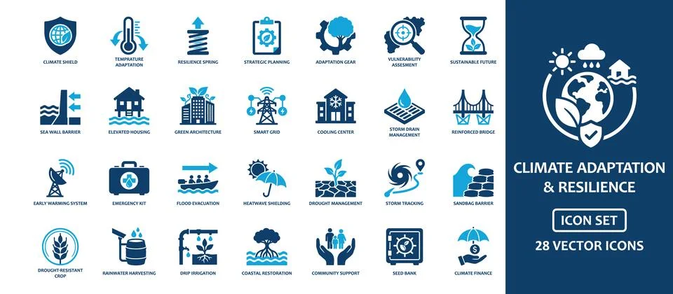 Climate adaptation and resilience solid icon set. Featuring global warming,.. 스톡 일러스트