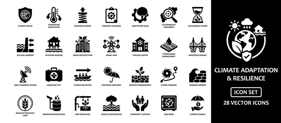 Climate adaptation and resilience solid icon set containing icons for sea w.. Stock-Illustration