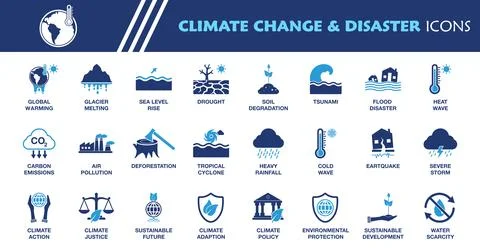 Climate Change and Disaster Icon Set. Collection of Global Warming, Sea Lev.. Stock Illustration