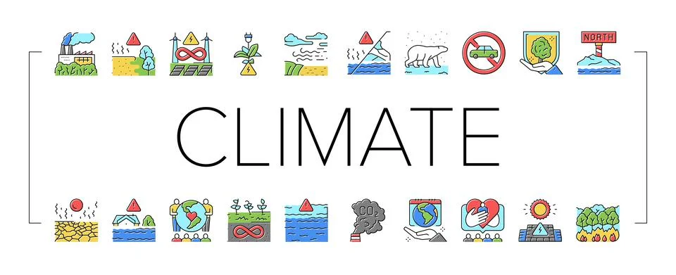 Climate Change And Eco Problem Icons Set Vector Illustrazione stock