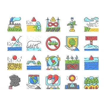 Climate Change And Eco Problem Icons Set Vector Illustrazione stock