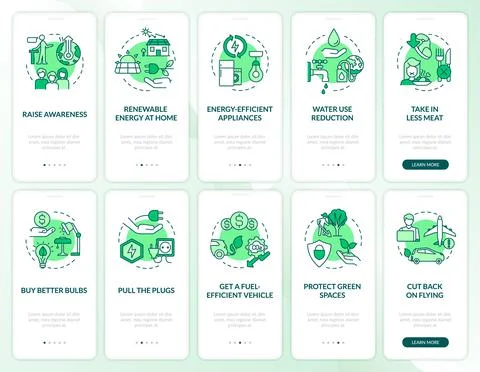 Climate change and global warming green onboarding mobile app screen set Stock Illustration
