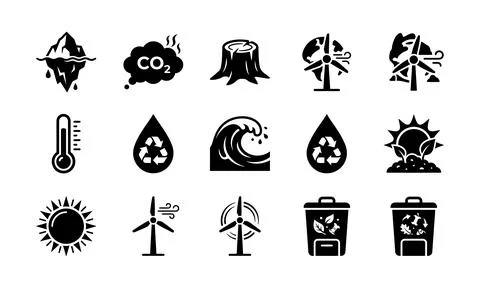 Climate change and global warming icons silhouette style collection Stock Illustration