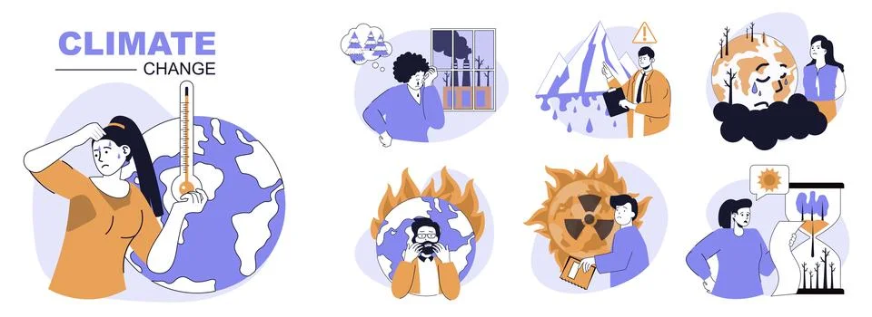 Climate change concept set in flat web design. People in isolated scenes suff Stock Illustration