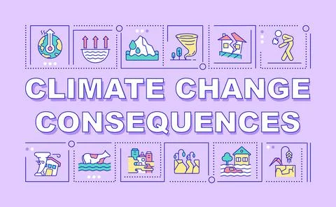 Climate change consequences word concepts purple banner Stock Illustration