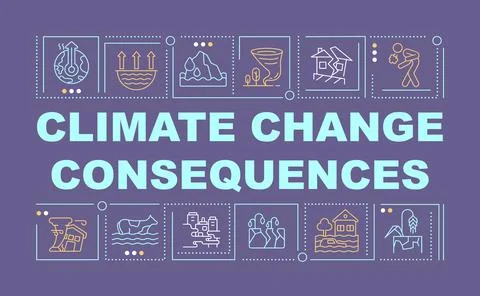 Climate change consequences word concepts dark purple banner Stock Illustration