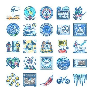 Climate change, earth, nature, technology, and environment icons Stock Illustration