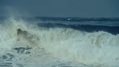 Climate change effect on weather massive waves stormy sea with big swell Stock Footage 109586635