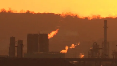 Climate change global warming emissions from industrial smokestacks Stock Footage 104207913