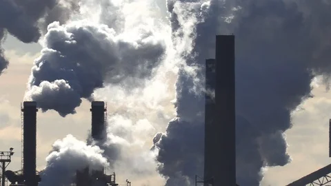Climate change global warming emissions and industrial smokestacks pollution Stock Footage 104252950