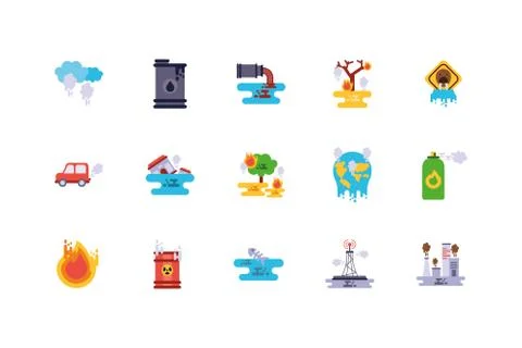 Climate change global warning and pollution icon set vector design Illustrazione stock