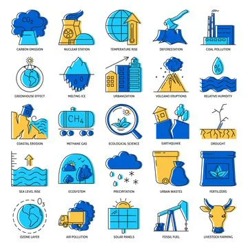 Climate change icon set in colored line style Stock Illustration