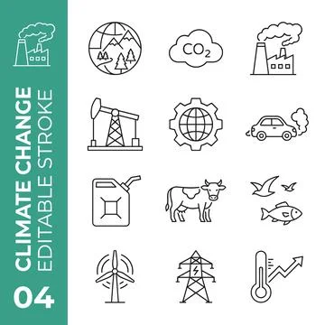 Climate change icons set showing factory, globe with mountains, CO2 cloud, .. Stockillustratie
