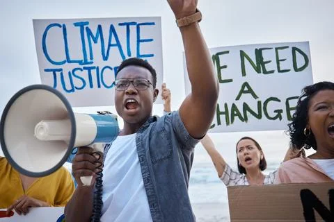 Climate change poster, protest and black man with megaphone for freedom movement Stock Photos