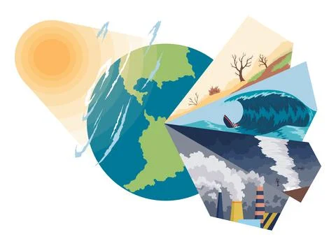 Climate change signs displayed. Visual depiction of climate emergency impacts 库存插图