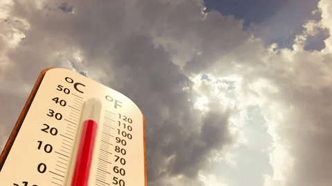 Climate change, Thermometer on blue sky with sun shining change to orange sky Stock Footage 172151426