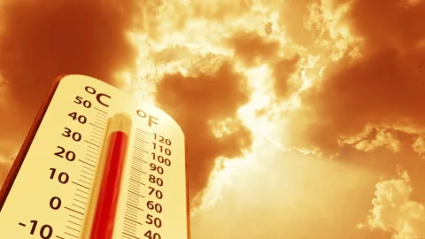 Climate change, Thermometer on blue sky with sun shining change to orange sky Stock Footage 172525143