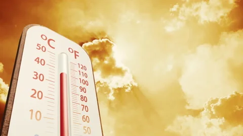Climate change, Thermometer on blue sky with sun shining change to orange sky Stock Footage 202231737