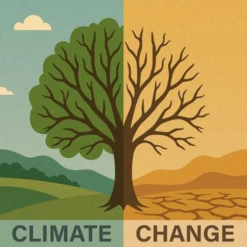 Climate Change Vector Illustration with a Tree Divided into Green and Dry Illustrazione stock